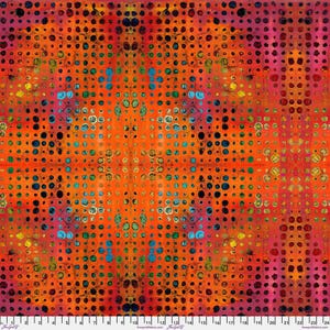 May include: Abstract fabric with a vibrant orange background and a pattern of colorful dots in shades of blue, green, yellow, and red. The design has a textured appearance, with a ruler along the bottom edge.