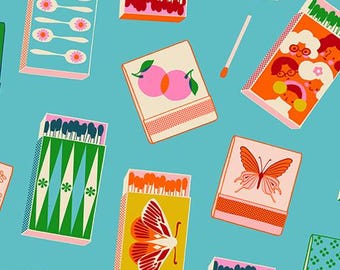 Trinketry Turquoise RS0109 18, by designer Melody Miller and the Ruby Star Society - sold by half yard, Matchmaker Novelty Matchbook Retro