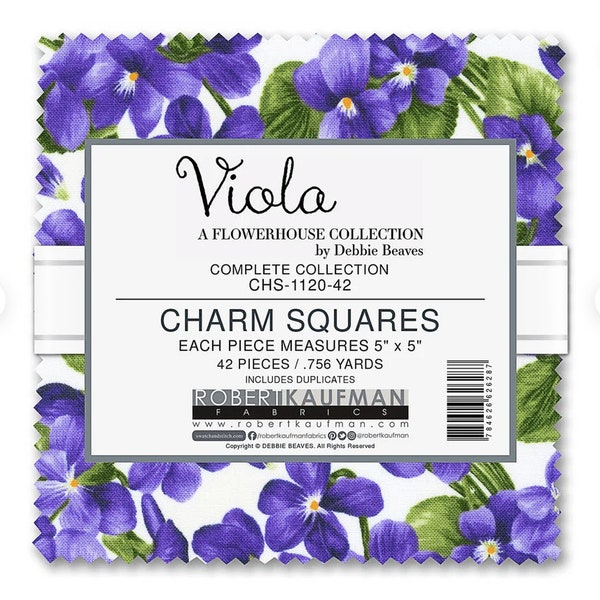 Viola 5" charm pack, a Flowerhouse Collection by Debbie Beaves for Robert Kaufman, 42 pcs, includes duplicates - 0.756 yards CHS-1120-42