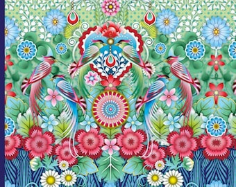 Carnation Love Panel: Birds in Paradise by Catalina Estrada for FreeSpirit , 100% Cotton fabric, PWCE011.XPanel, sold by 24" x 44" panel