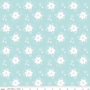 May include: A light blue fabric with a white floral pattern. The pattern features small white flowers and larger white flowers with five petals.