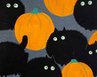 Belinda's Big Kitty Halloween by Alexander Henry - 8520E orange pumpkins and black cats on a gray background - sold by the 1/2 yard