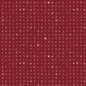 May include: A red background with white symbols and letters. The symbols include arrows, circles, squares, triangles, and stars. The letters are in a variety of fonts and sizes. The letters include the alphabet, numbers, and punctuation marks.