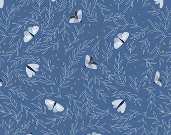 Moonchild Moths Denim Sparkle SC13821-DENIM - Riley Blake Designs -  moths, outlined leaves, asterisk stars, pin dots, gold is gold sparkle.