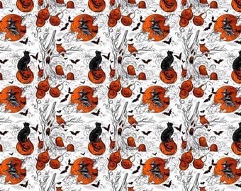 SM Haunted Toile - White, Costumes & Cobwebs by Club Hauer, PWRH126.White, Sold by Half Yd, pumpkin faces, cats, witches on brooms