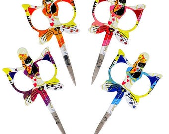 Embroidery Scissors Cats 4", 98546 made by Bohin, 4 assorted colors of embroidery scissors, 4" long