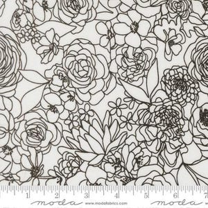May include: White fabric with a black floral outline design. The pattern features various flowers and leaves, creating a detailed and artistic look. The fabric is measured in inches.