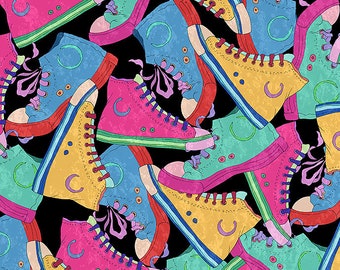 Alexander Henry High Tops - 8937A  bright colors with black background - sold by the 1/2 yard
