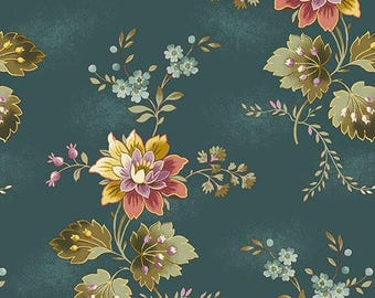 Dahlia by Edyta Sitar of Laundry Basket Quilts for Andover, Color - Dusk, Pattern - Cardinal Flower, sold by the half yd, A-1373-T, teal