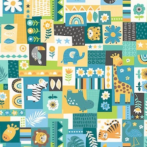 In the Jungle by Makower, color - blue, pattern - Montage, 100% Cotton Quilting Fabric, sold by the 1/2 yard, TP-2604-B