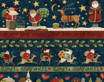 Up on the Housetop Border Stripe Midnight by Teresa Kogut for Riley Blake Fabric, Santa Folk Art, sold by 1/2 yard, C14736-Midnight