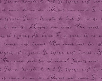 Amour Romantic Words on Plum by Monique Jacobs, Open Gate Quilts for Maywood Studio 100% Premium Cotton Fabric, sold by half yard mas9728-vr