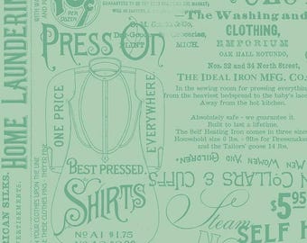 J Wecker Frisch Press On Pressing Matters C15259 Mint, Riley Blake Fabric, Vintage Sewing, 100% Cotton, sod by the 1/2 Yard