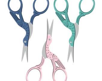 Lori Holt Vintage Stork Scissors,  needlepoint-tip stork scissors 3 1/2" featuring Bee in my Bonnet colors - denim, sea glass, and frosting
