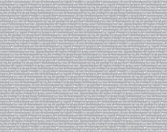Blue Stitch Gray Text quilting cotton by Christopher Thompson for Riley Blake Fabrics, C10064-Gray sold by half yard