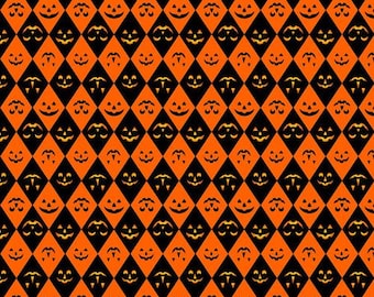Jack of Diamonds - Orange, Costumes & Cobwebs by Club Hauer, Rachel Hauer, PWRH116.Orange, Sold by Half Yd, pumpkin faces, jack-o-lanterns