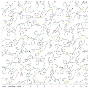 May include: White fabric with a repeating pattern of thin, black lines forming loops and swirls. The background is white with small, scattered dots in orange, yellow, pink, blue, and green.