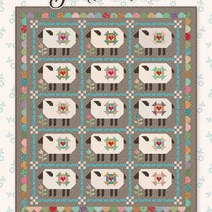 May include: A patchwork quilt with the text "Gentle Flock" at the top. The quilt features a grid of sheep with heart-shaped designs. The border has a floral pattern and the bottom has the text "Designed by Lori Holt" and "Bee in my Bonnet Co."