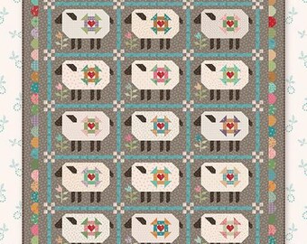 The Gentle Flock Quilt Pattern by Lori Holt of Bee in My Bonnet, Finished size: 71.5" x 83.5", Nine patch blocks, petal border, pattern only