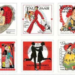 May include: A set of six vintage Valentine's Day cards featuring illustrations of couples, hearts, and flowers. The cards are printed on white paper with red and black accents. The text on the cards includes "Valentine Greetings", "Be my Valentine", "Special Delivery Tall Man Florists", "Violet Fresh Flowers Daily", "Valentine Greetings", and "Valentine Dance".