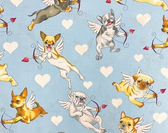 Alexander Henry Fabric, Puppy Love in Blue, Angel Dogs Nicole's Prints for Alexander Henry 8851 - Sold by the half yard