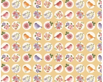Nature Sings Fabric, Yellow, NS24110, by Poppie cotton, sold by the 1/2 yard, Fabric 100% Cotton 43/44" Wide