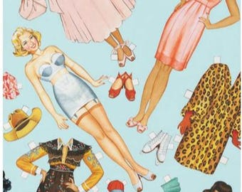 Fun Paper Doll Pinups on Blue Print Pure Cotton Fabric from Alexander Henry sold by 1/2 yard