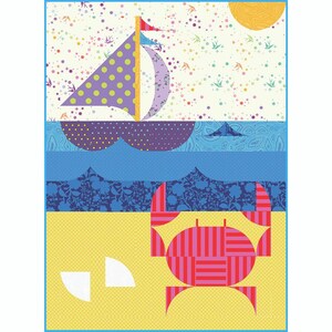 May include: A colorful fabric panel featuring a sailboat with a purple polka-dot sail on a blue sea, and a red and pink striped crab on a yellow sandy beach. The sky is cream-colored with small bird silhouettes, stars, and a yellow sun.