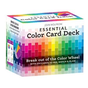 Essential Color Card Deck by Joen Wolfrom, contains 200-card deck, 168 color cards, 8 Value cards, and 24 brown through beige neutral cards