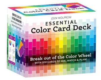 Essential Color Card Deck by Joen Wolfrom, contains 200-card deck, 168 color cards, 8 Value cards, and 24 brown through beige neutral cards