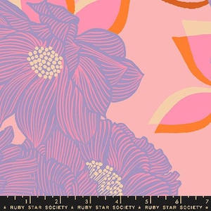 May include: Floral fabric with large, stylized flowers in shades of purple and pink, set against a light pink background. The flowers have detailed line work and a yellow center. The text "RUBY STAR SOCIETY" is at the bottom.