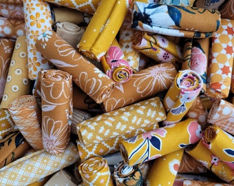 Golden Yellow, Orange Yellow, Yellow Orange Fabric Scraps, a half dozen or a Bakers Dozen , 13 quilt fabrics, 9x10, 10x10, 9x11, fat 16ths