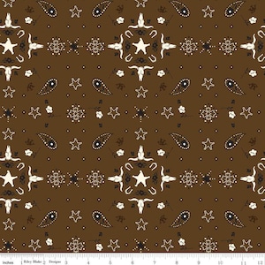 May include: A brown fabric with a repeating pattern of white paisley shapes, stars, and stylized skulls. The pattern is a traditional bandana design.