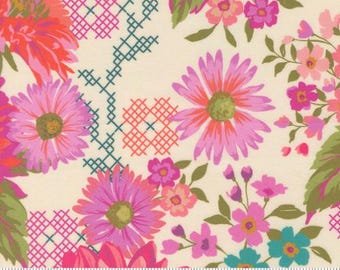 Parlor Happy Blooms Cream 11960 11 by Crystal Manning, Moda Fabrics -sold by the half yard, Happy Blooms Florals, crossstitch