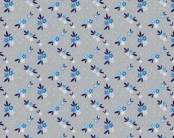 Blue Stitch Ditzy Blue Flowers on Gray Background by Tattooed Quilter for Riley Blake Designs, 1/2 yd, floral fabric - C10161-Gray