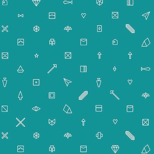 May include: A teal background with a repeating pattern of white line drawings of various geometric shapes, symbols, and icons. The icons include a diamond, a heart, a star, a bow tie, a fish, a paper airplane, an arrow, a house, a mailbox, a boat, a cross, a square, a rectangle, a triangle, a diamond, and a few other abstract shapes.