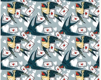 Air Mail in Blue, Love Letters | Club Hauer | Free Spirit, pwrh128.blue, sold by the half yard, valentines, birds, carrier pidgeons