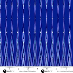 May include: A repeating pattern of white and blue dots on a royal blue background. The dots are arranged in a series of triangles, creating a geometric design. The pattern is repeated across the entire fabric.