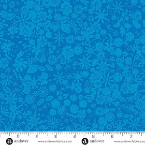 May include: A blue fabric with a white floral pattern. The pattern includes flowers, leaves, circles, and stars. The fabric is from Andover Fabrics.