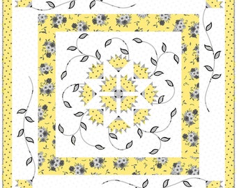 Jillily Studio DaybreakQuilt Pattern - 53" x 53" - Features a framed sunburst with stem and leaf applique