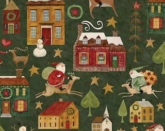 Up on the Housetop Main Green by Teresa Kogut for Riley Blake Fabric, Santa Folk Art, sold by 1/2 yard, C14730-GREEN