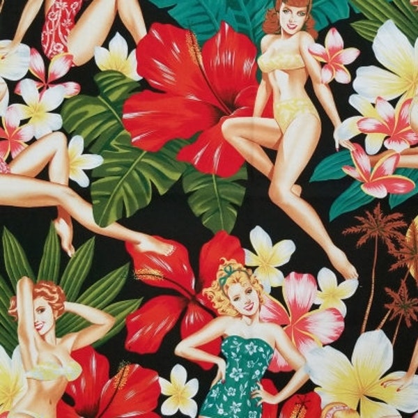 Island Girls Fabric on Black, Hawaiian Pin Ups by Alexander Henry, Large Scale Print, Palm trees, Bikinis, By The Half Yard