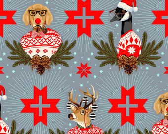 Tula Pink Flannel Holiday Homies, Buck, Buck, Goose - Blue Spruce, FNTP001.BLUESPRUCE from Free Spirit, Sold by the Half Yard