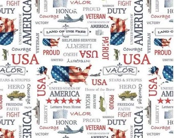 Patriotic Words on white Fabric, Letters from Home by Riley Blake Designs, Patriotic Military- sold by half yard C15611-White