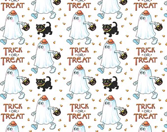 Trick-Or-Treat - White || Moonlit Mischief from Mary Engelbreit of Free Spirit Fabrics, PWMY054.WHITE, sold by the half yard, ghosts, cats