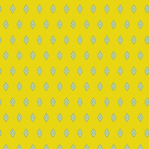 May include: A seamless pattern with a repeating design of small, light blue diamonds on a bright yellow background.