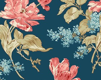Lighthouse Navy Blue Front Porch Bouquet by Laundry Basket Quilts - Premium Cotton - Sold by Half Yard Cuts A-1472-B