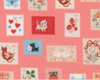 Funny Valentine Coral 37143 14, Designed by Lizzy House for Moda Fabrics - sold by the half yard, Stamps Novelty
