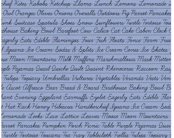 Alphabet Penmanship from the  Hungry Animal Collection by Riley Blake Designs C10185-Periwinkle, Sold by Half Yard