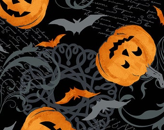 Midnight Haunt Pumpkin Scroll Halloween fabric in Black Night A-9780-K by the half yard - Andover Fabrics